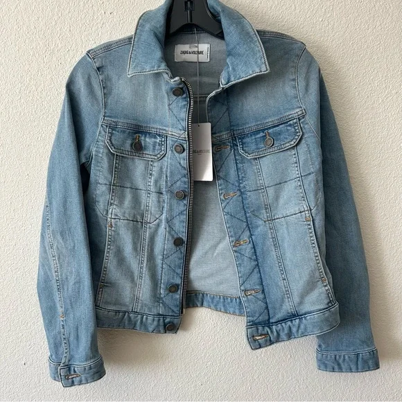 $448 Zadig & Voltaire Kioky Denim Skull Strass Jacket S Small Embellished Jean - Picture 4 of 14